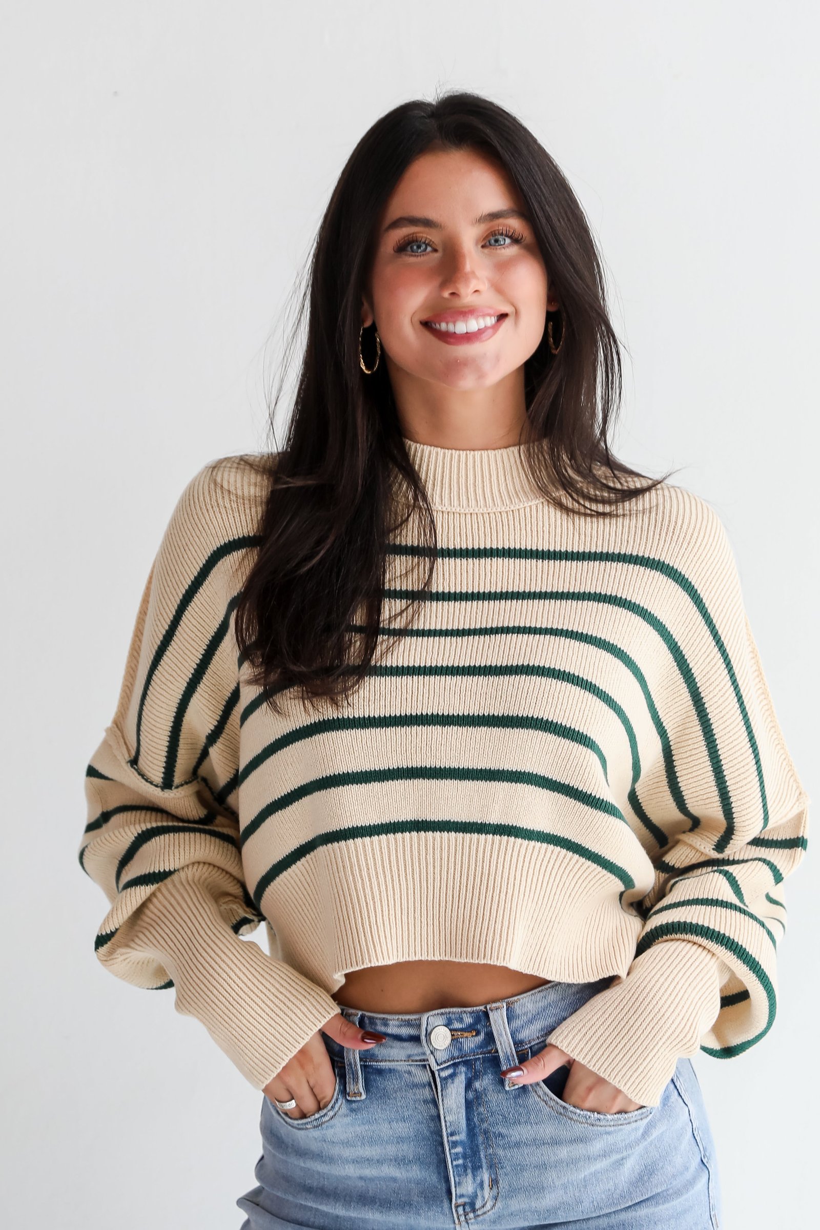 Comfy Cuteness Green Striped Cropped Sweater ZT6