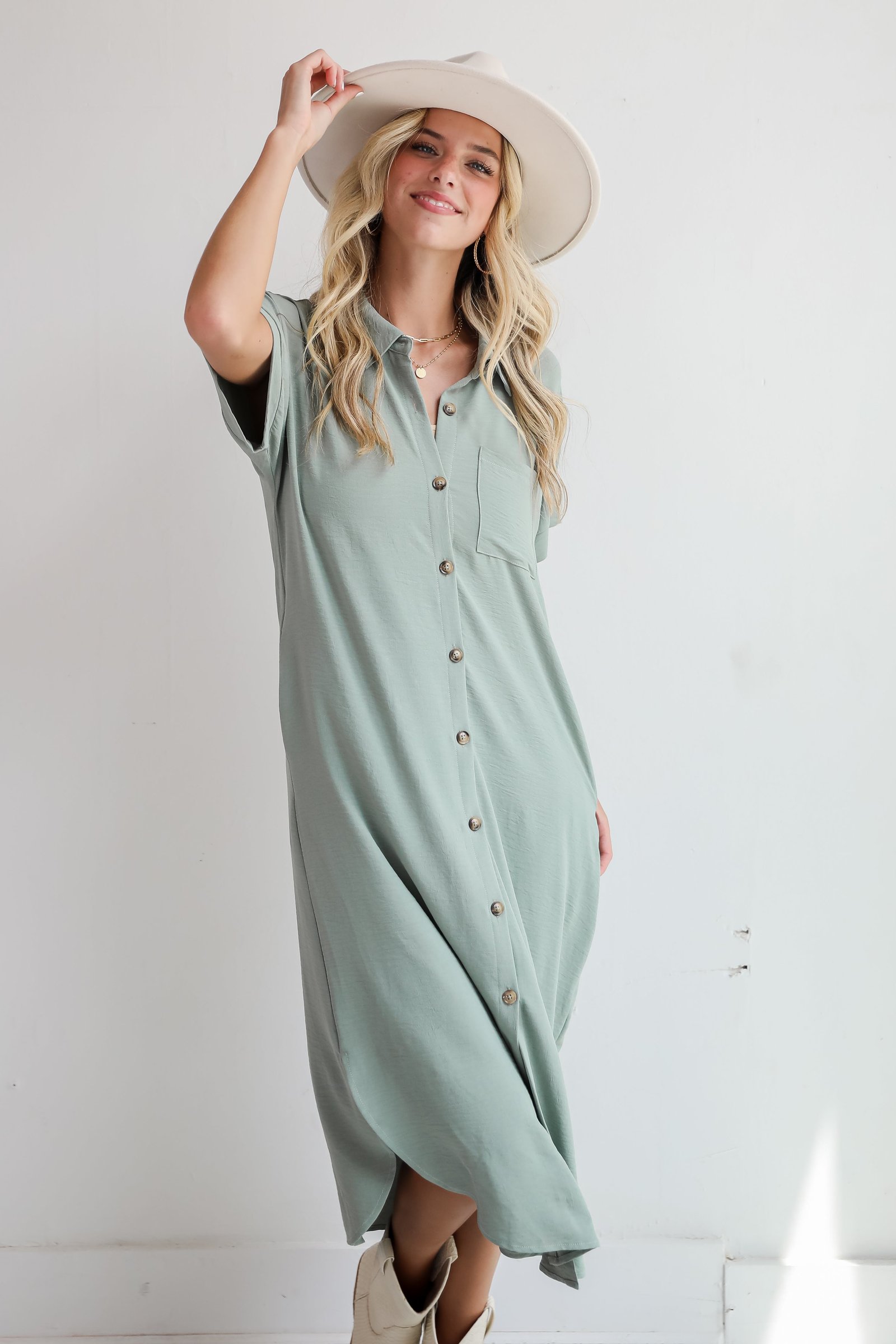 Radiant Moment Sage Button Front Midi Dress ZT24