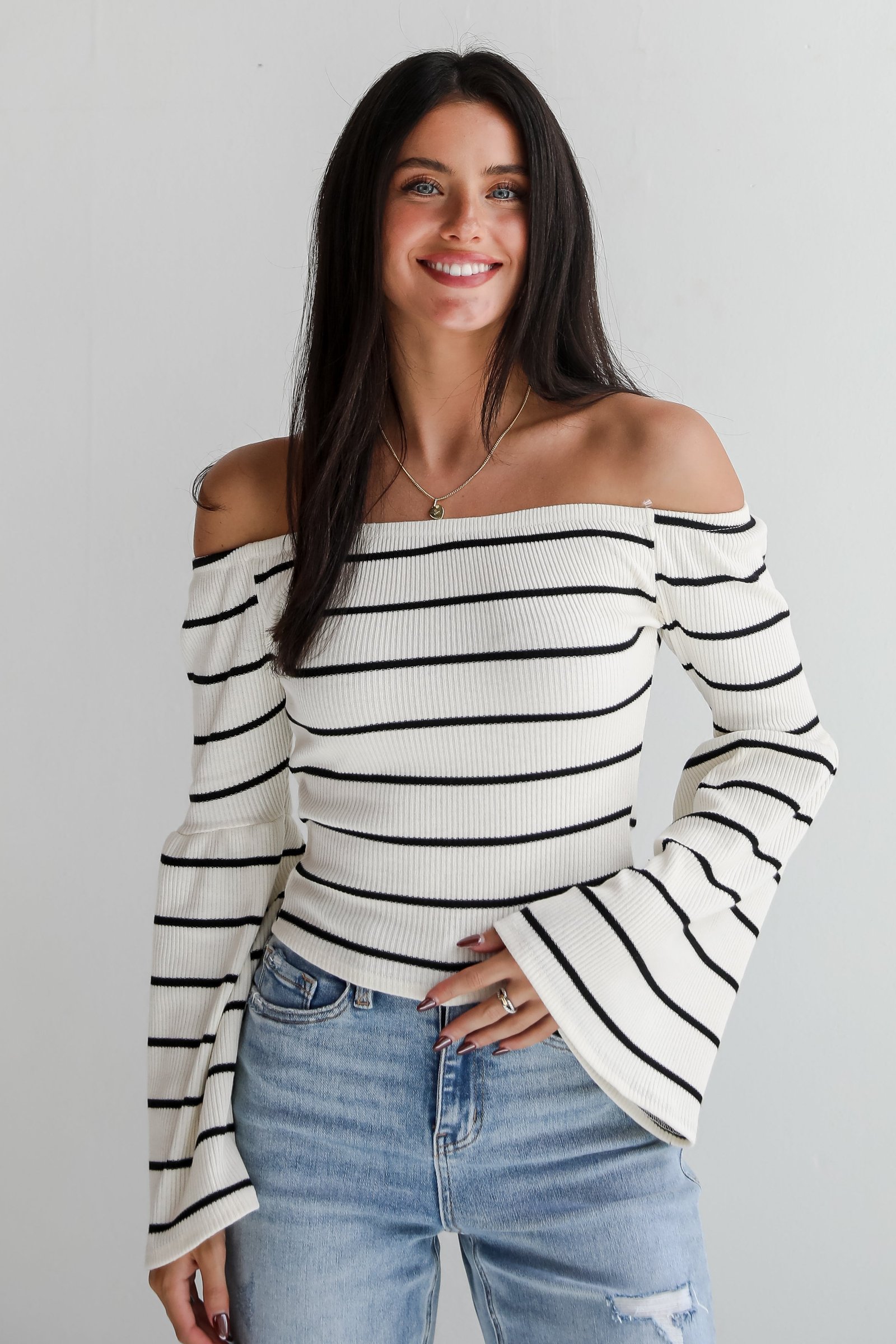 Coveted Favorite Cream Striped Off-The-Shoulder Knit Top ZT5