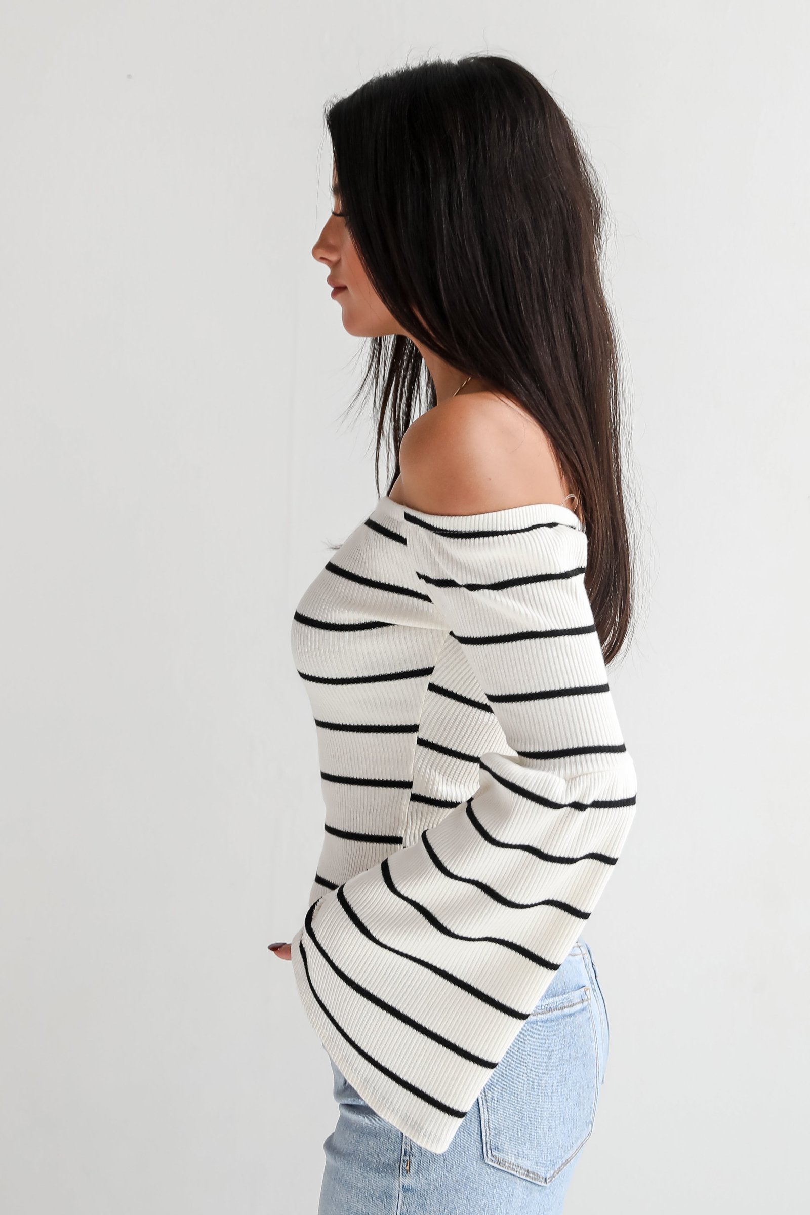 Coveted Favorite Cream Striped Off-The-Shoulder Knit Top ZT5