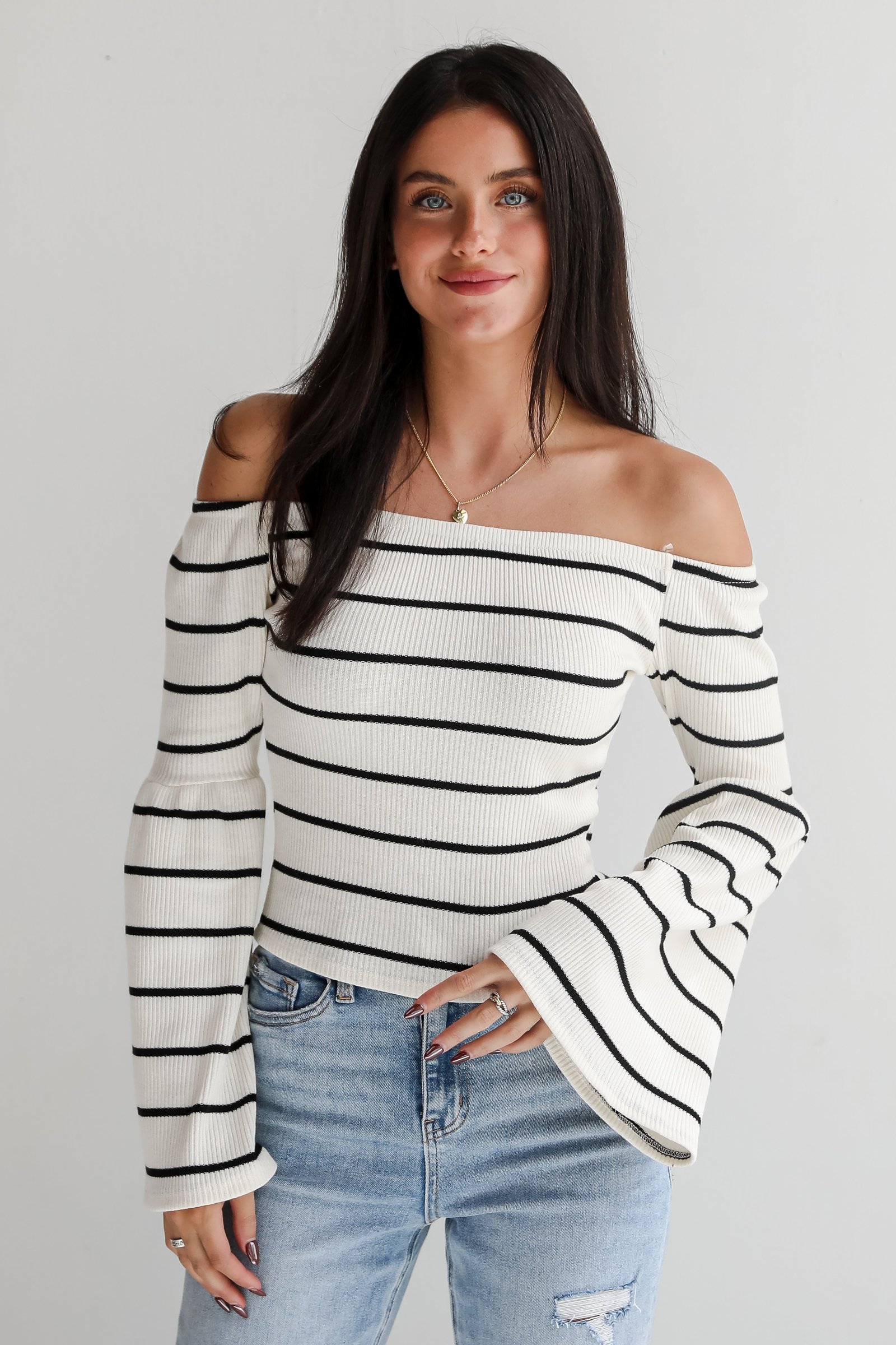 Coveted Favorite Cream Striped Off-The-Shoulder Knit Top ZT5