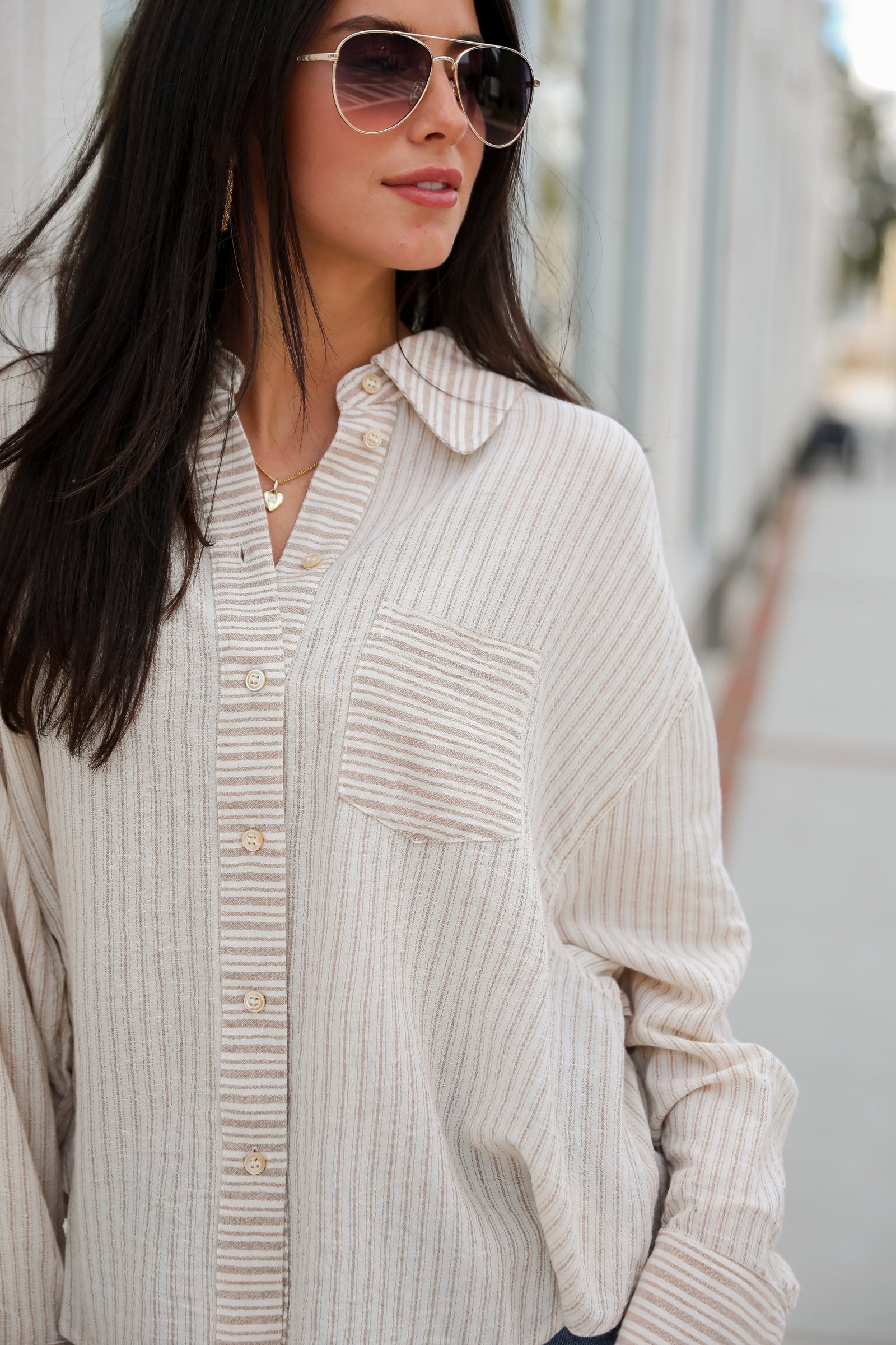 Adored Pose Taupe Striped Button-Up Blouse ZT1